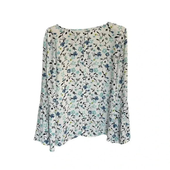 LOFT Ann Taylor White Blue Floral Long Bell Sleeve Keyhole Blouse Women’s Small - Picture 4 of 9